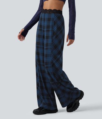 Halara UltraSculpt™ High Waisted Plaid Contrast Lace Baggy Casual Pants with Pockets