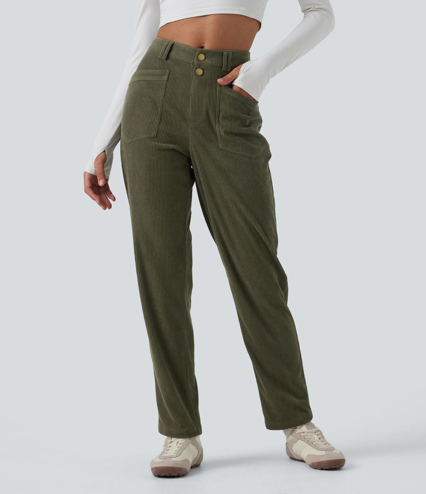 Mid Rise Tapered Corduroy Casual Pants with Pockets Mid Rise Tapered Corduroy Casual Pants with Pockets
