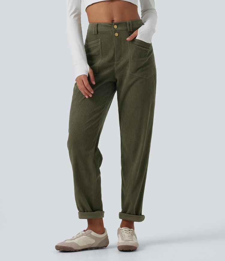 Mid Rise Tapered Corduroy Casual Pants with Pockets Mid Rise Tapered Corduroy Casual Pants with Pockets