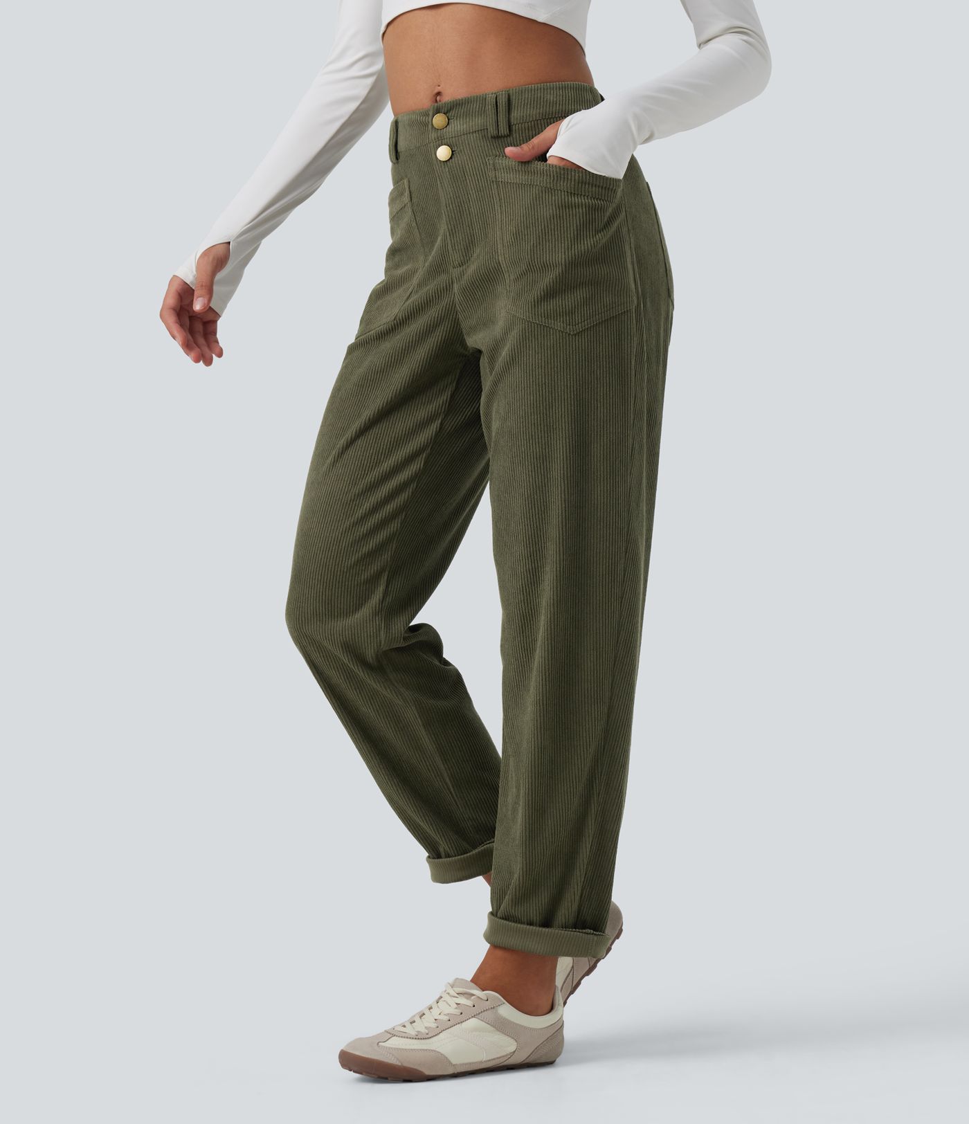 Mid Rise Tapered Corduroy Casual Pants with Pockets Mid Rise Tapered Corduroy Casual Pants with Pockets