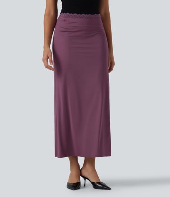 Mid Rise Contrast Lace Stretchy Satin-Like InstantCool Maxi Party Pencil Skirt