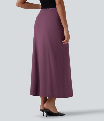 Mid Rise Contrast Lace Stretchy Satin-Like InstantCool Maxi Party Pencil Skirt