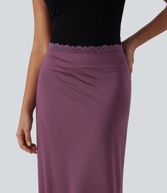 Mid Rise Contrast Lace Stretchy Satin-Like InstantCool Maxi Party Pencil Skirt