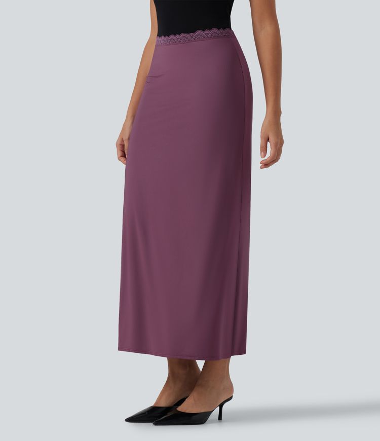 Mid Rise Contrast Lace Stretchy Satin-Like InstantCool Maxi Party Pencil Skirt
