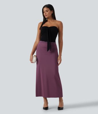 Mid Rise Contrast Lace Stretchy Satin-Like InstantCool Maxi Party Pencil Skirt