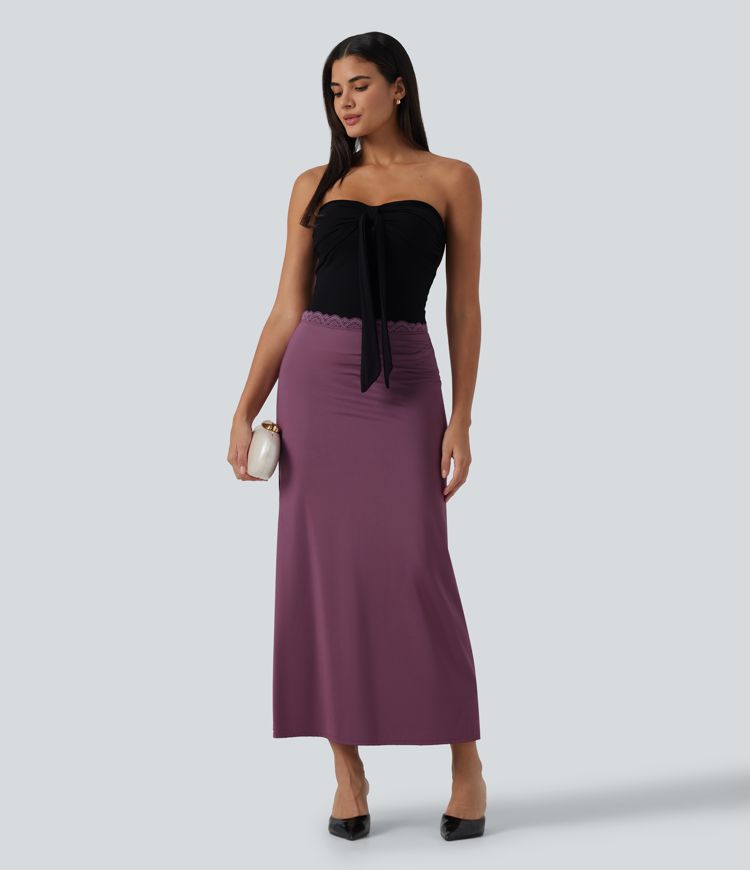 Mid Rise Contrast Lace Stretchy Satin-Like InstantCool Maxi Party Pencil Skirt