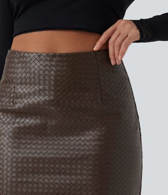 High Waisted Basket‑Weave Faux Leather Mini Party Skirt with Built-In Shorts