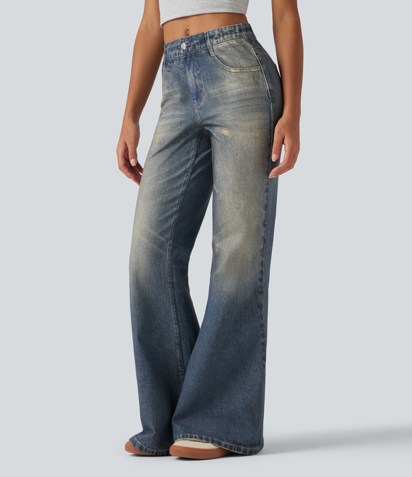Mid Rise Denim Print Casual Flare Jeans with Pockets Mid Rise Denim Print Casual Flare Jeans with Pockets