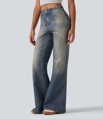 Mid Rise Denim Print Casual Flare Jeans with Pockets Mid Rise Denim Print Casual Flare Jeans with Pockets