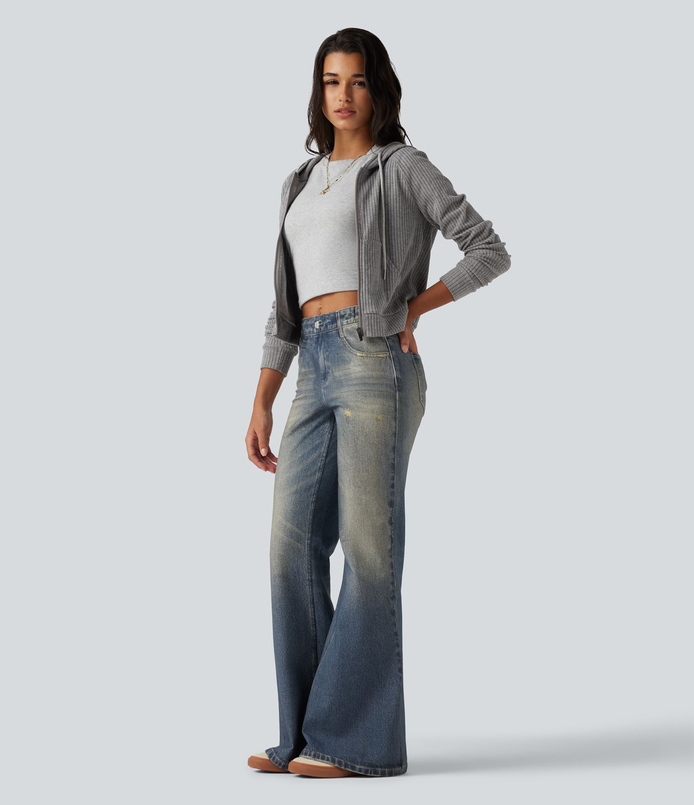 Mid Rise Denim Print Casual Flare Jeans with Pockets Mid Rise Denim Print Casual Flare Jeans with Pockets