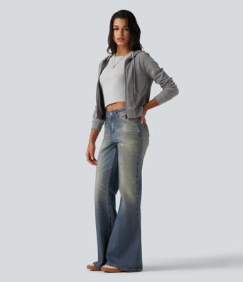 Mid Rise Denim Print Casual Flare Jeans with Pockets Mid Rise Denim Print Casual Flare Jeans with Pockets