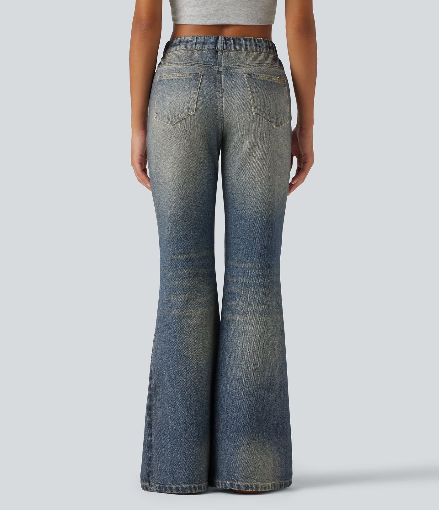 Mid Rise Denim Print Casual Flare Jeans with Pockets Mid Rise Denim Print Casual Flare Jeans with Pockets