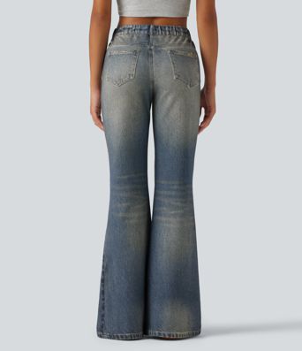 Mid Rise Denim Print Casual Flare Jeans with Pockets Mid Rise Denim Print Casual Flare Jeans with Pockets
