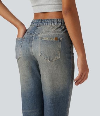 Mid Rise Denim Print Casual Flare Jeans with Pockets Mid Rise Denim Print Casual Flare Jeans with Pockets