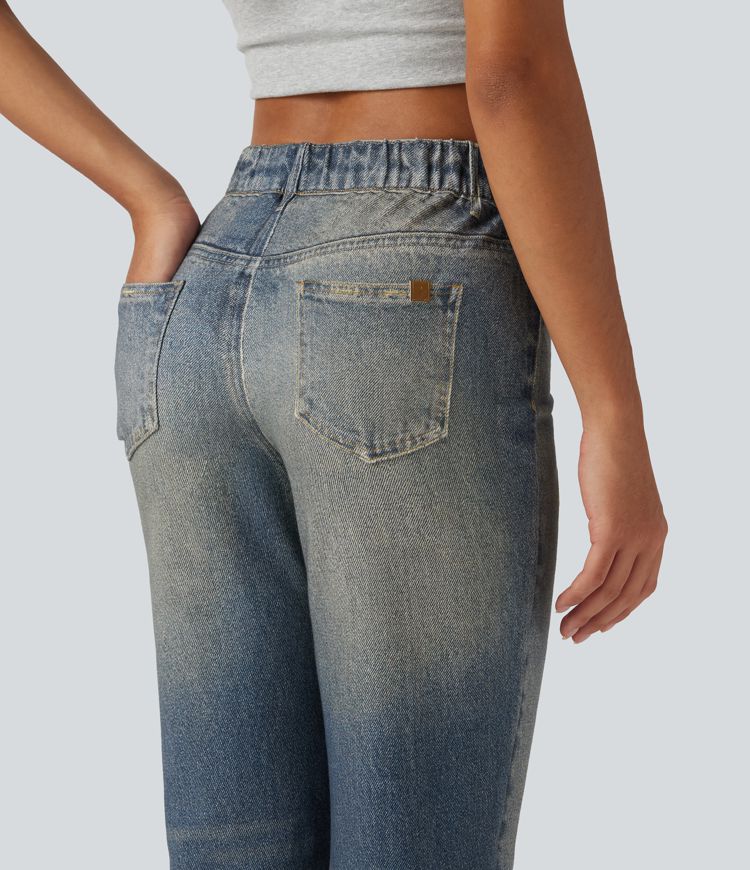 Mid Rise Denim Print Casual Flare Jeans with Pockets Mid Rise Denim Print Casual Flare Jeans with Pockets