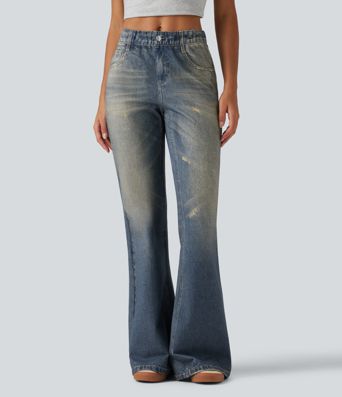 Jeans mit mittlerer Leibhöhe, Denim-Print, lässigem Schlag und Taschen Jeans mit mittlerer Leibhöhe, Denim-Print, lässigem Schlag und Taschen