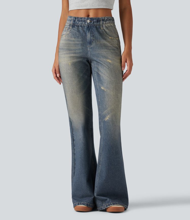 Jeans mit mittlerer Leibhöhe, Denim-Print, lässigem Schlag und Taschen Jeans mit mittlerer Leibhöhe, Denim-Print, lässigem Schlag und Taschen