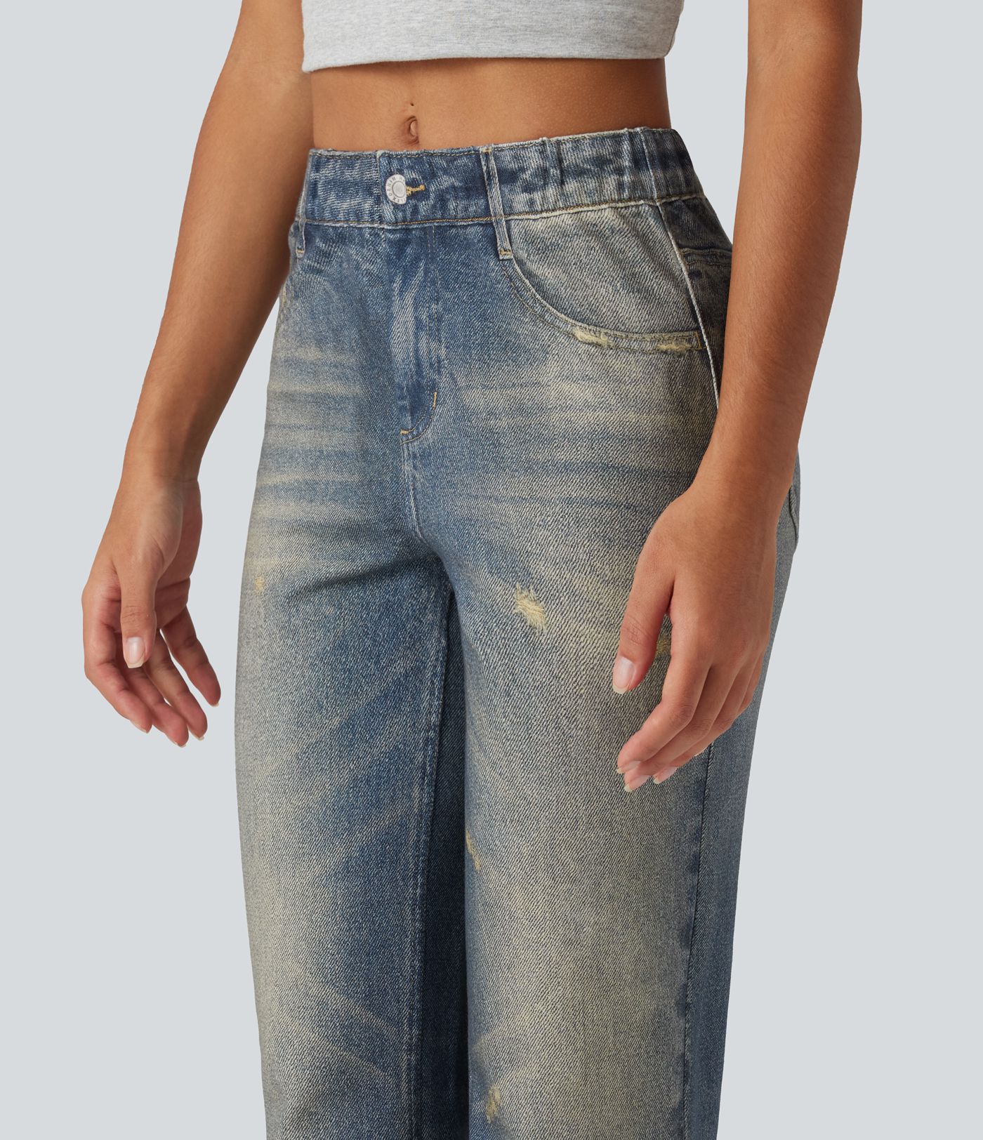 Mid Rise Denim Print Casual Flare Jeans with Pockets Mid Rise Denim Print Casual Flare Jeans with Pockets