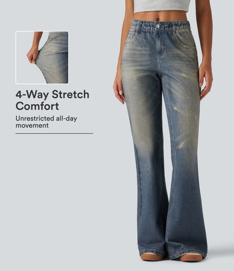 Mid Rise Denim Print Casual Flare Jeans with Pockets Mid Rise Denim Print Casual Flare Jeans with Pockets