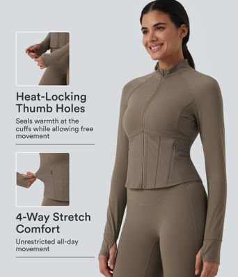 Halara UltraSculpt™ InstantCool Stand Collar Raglan Thumb Hole Curved Hem Yoga Jacket with Pockets Halara UltraSculpt™ InstantCool Stand Collar Raglan Thumb Hole Curved Hem Yoga Jacket with Pockets
