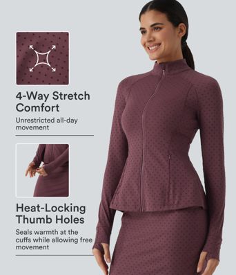 Stand Collar Long Sleeve Thumb Hole Polka Dot Yoga Jacket with Pockets