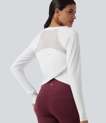 SoftlyZero™ Airy Quick Dry Round Neck Raglan Long Sleeve Mesh Back Crossover Yoga Sports Top with Thumb Holes SoftlyZero™ Airy Quick Dry Round Neck Raglan Long Sleeve Mesh Back Crossover Yoga Sports Top with Thumb Holes