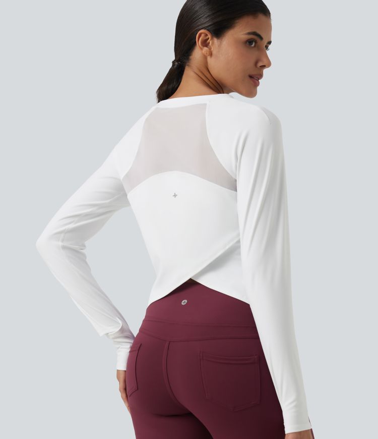 SoftlyZero™ Airy Quick Dry Round Neck Raglan Long Sleeve Mesh Back Crossover Yoga Sports Top with Thumb Holes SoftlyZero™ Airy Quick Dry Round Neck Raglan Long Sleeve Mesh Back Crossover Yoga Sports Top with Thumb Holes