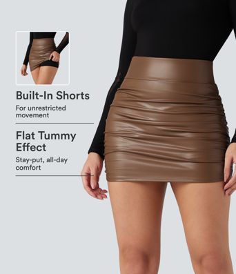 High Waisted Tummy Control Ruched Curved Hem 2-in-1 Fleece PU Faux Leather Mini Bodycon Skirt