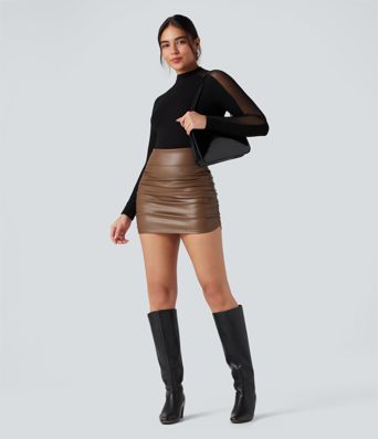 High Waisted Tummy Control Ruched Curved Hem 2-in-1 Fleece PU Faux Leather Mini Bodycon Skirt