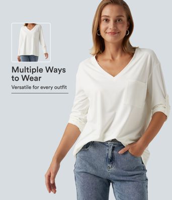 V Neck Long Sleeve Casual T-Shirt with Pocket V Neck Long Sleeve Casual T-Shirt with Pocket