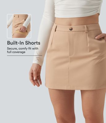 High Waisted A-Line Wrinkle Recovery Work Mini Skirt with Built-in Shorts and Pockets High Waisted A-Line Wrinkle Recovery Work Mini Skirt with Built-in Shorts and Pockets