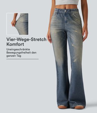 Lässige Schlagjeans mit Denim-Print, mittelhohem Bund und mehreren Taschen