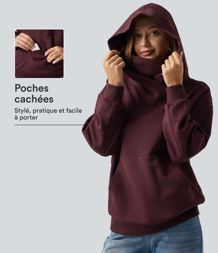 Sweat-shirt à capuche croisé, épaules tombantes et doublure polaire avec poche kangourou