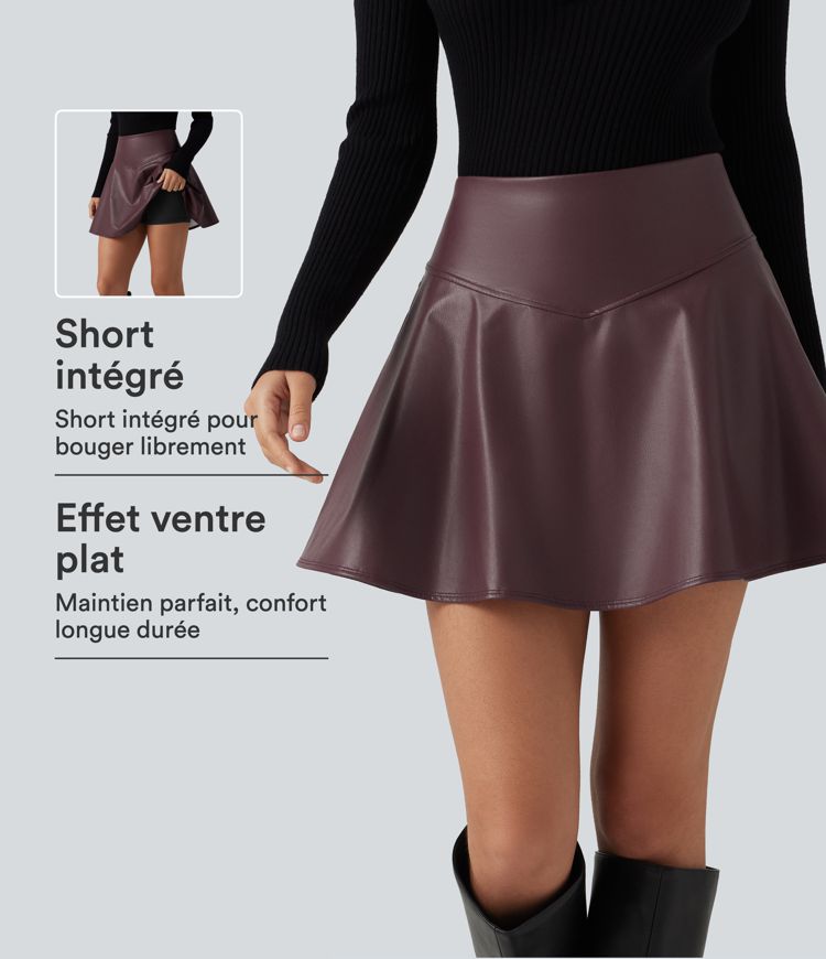 Jupe-short mini en simili doublé polaire taille haute gainante avec poches