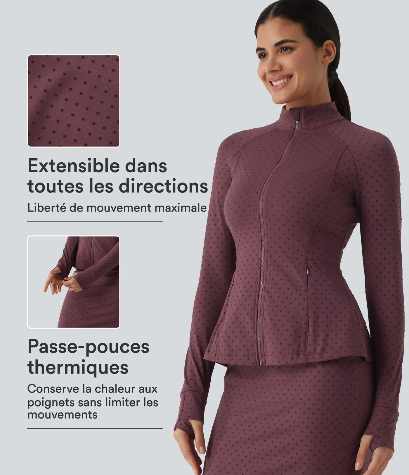 Veste de yoga à col montant, manches longues, passe-pouces et motif à pois avec poches Veste de yoga à col montant, manches longues, passe-pouces et motif à pois avec poches