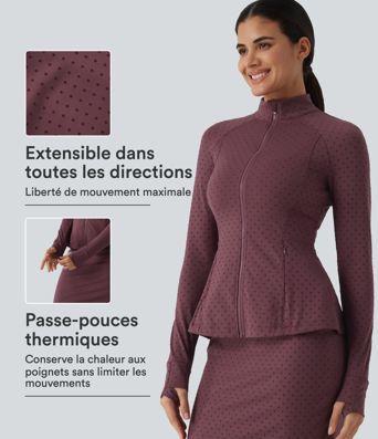 Veste de yoga à col montant, manches longues, passe-pouces et motif à pois avec poches Veste de yoga à col montant, manches longues, passe-pouces et motif à pois avec poches
