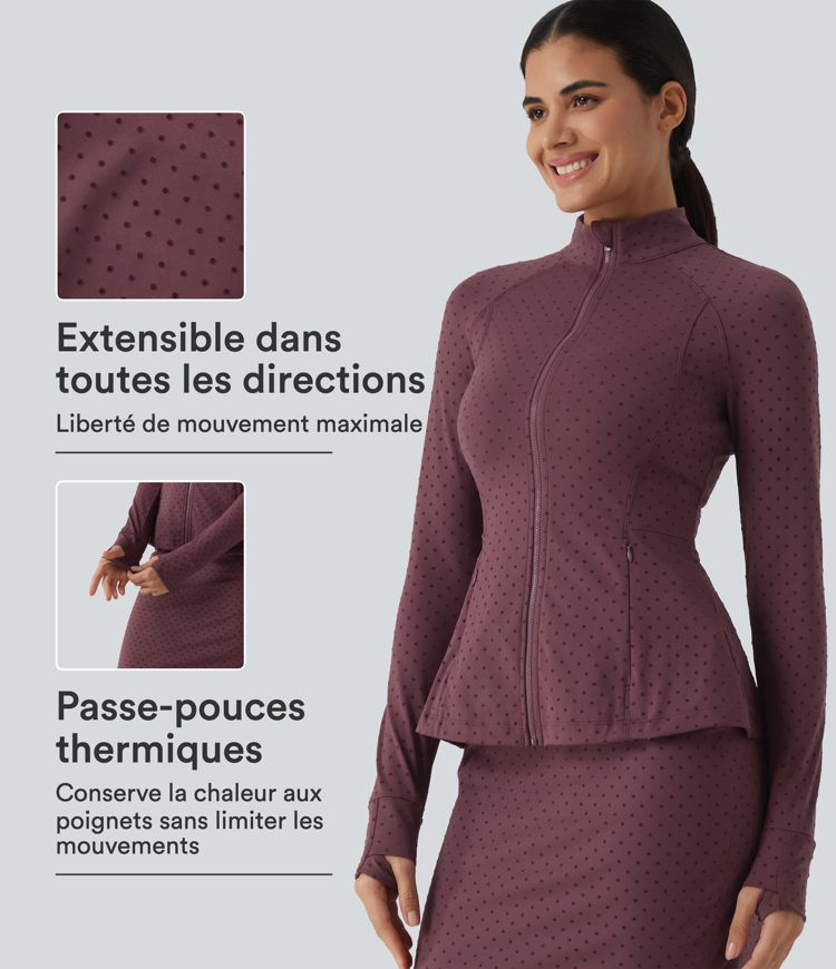 Veste de yoga à col montant, manches longues, passe-pouces et motif à pois avec poches Veste de yoga à col montant, manches longues, passe-pouces et motif à pois avec poches