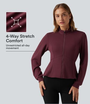 SpacerTek™ Stand Collar Zip Fly Long Sleeve Ruffle Hem Yoga Jacket with Pockets