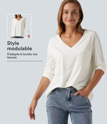 Langärmliges Freizeit-T-Shirt mit V-Ausschnitt und Tasche