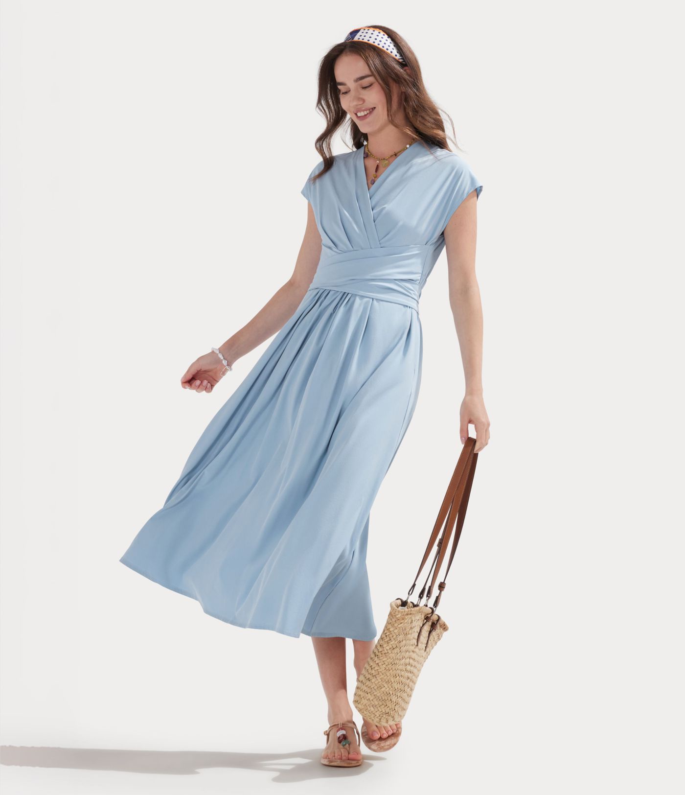 Breezeful™ Vestido midi casual de secado rápido con escote en V, mangas cortas, bolsillo y lazada trasera - de mayor longitud Breezeful™ Vestido midi casual de secado rápido con escote en V, mangas cortas, bolsillo y lazada trasera - de mayor longitud