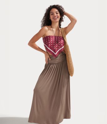 Jupe longue fluide froncée taille haute