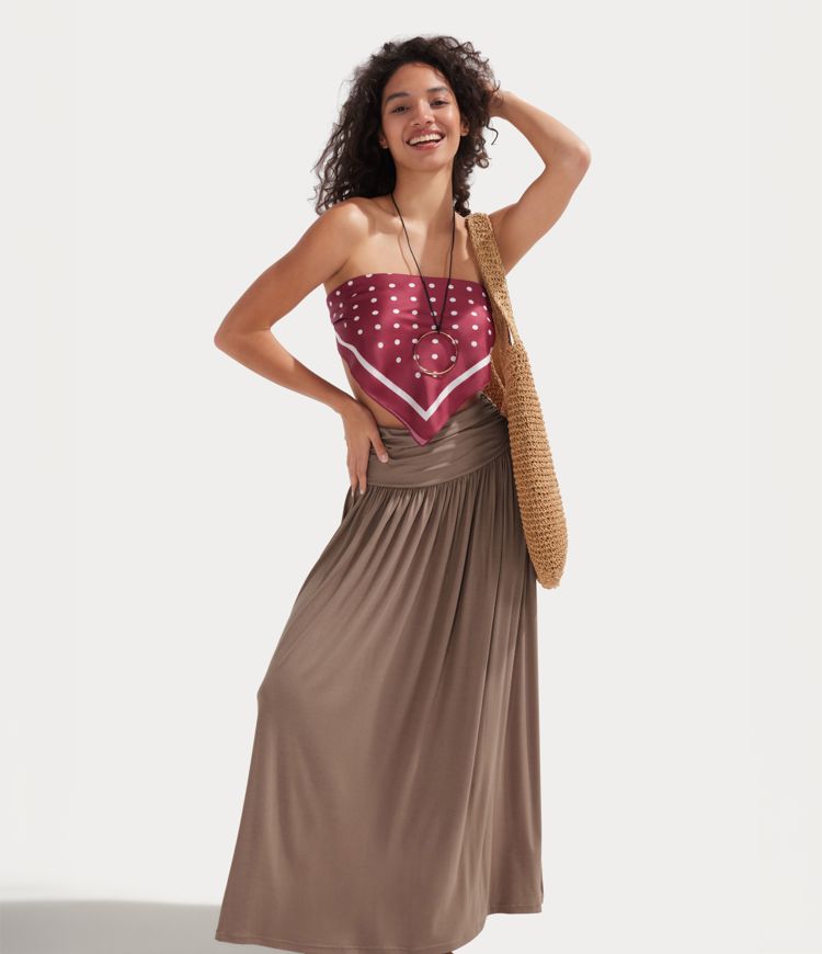 Jupe longue fluide froncée taille haute