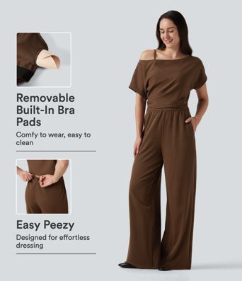 One Shoulder Short Sleeve Asymmetric Casual Jumpsuit with Built-in Bra and Pockets -Easy Peezy Edition