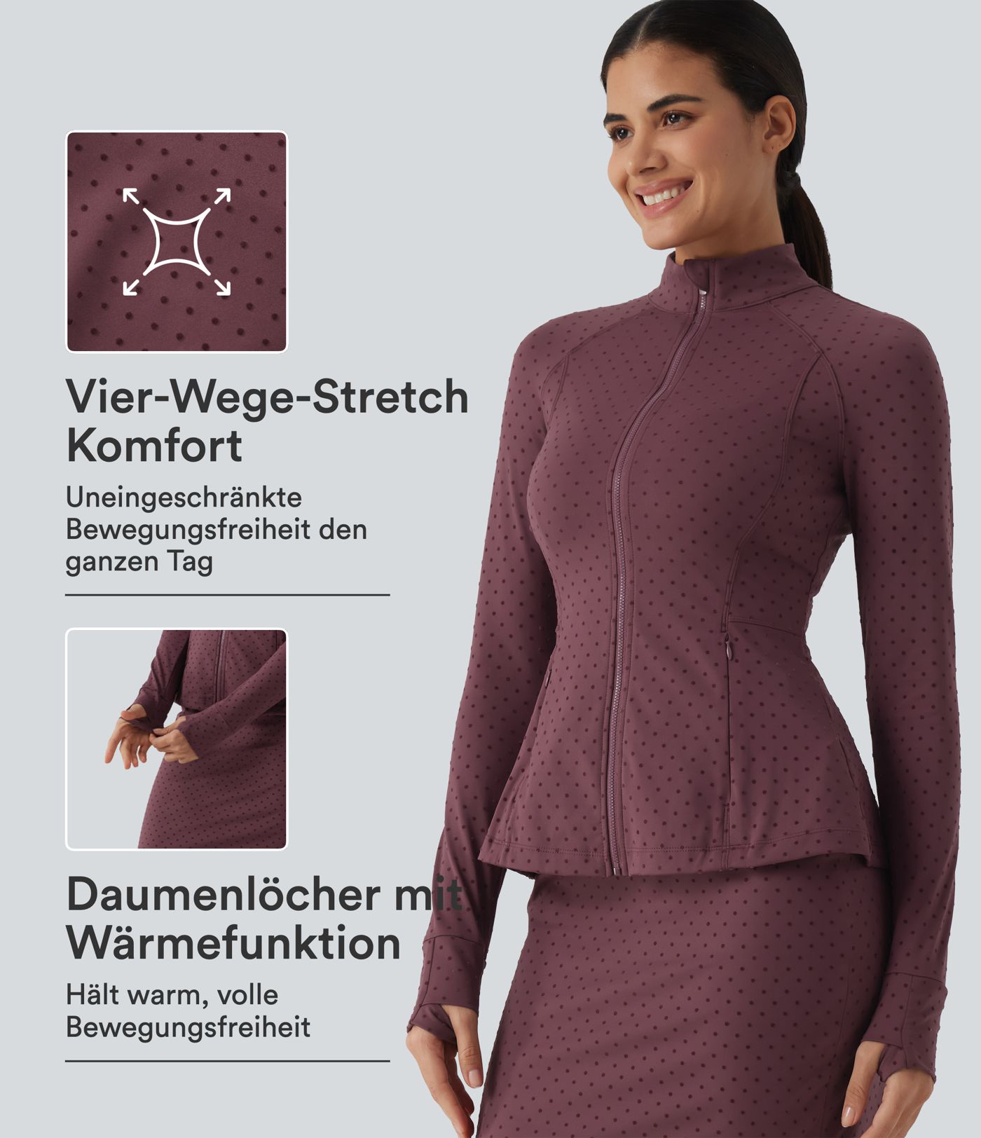 Yogajacke mit Stehkragen, Seitentaschen, langen Ärmeln, Daumenlöchern und Polka-Dots Yogajacke mit Stehkragen, Seitentaschen, langen Ärmeln, Daumenlöchern und Polka-Dots