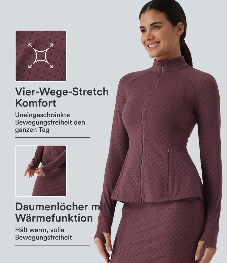 Yogajacke mit Stehkragen, Seitentaschen, langen Ärmeln, Daumenlöchern und Polka-Dots Yogajacke mit Stehkragen, Seitentaschen, langen Ärmeln, Daumenlöchern und Polka-Dots