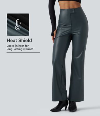 High Waisted Stretchy PU Fleece Casual Bootcut Pants with Pockets