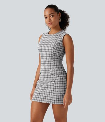 Round Neck Sleeveless Plaid Work Mini Dress