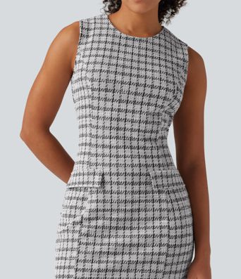 Round Neck Sleeveless Plaid Work Mini Dress