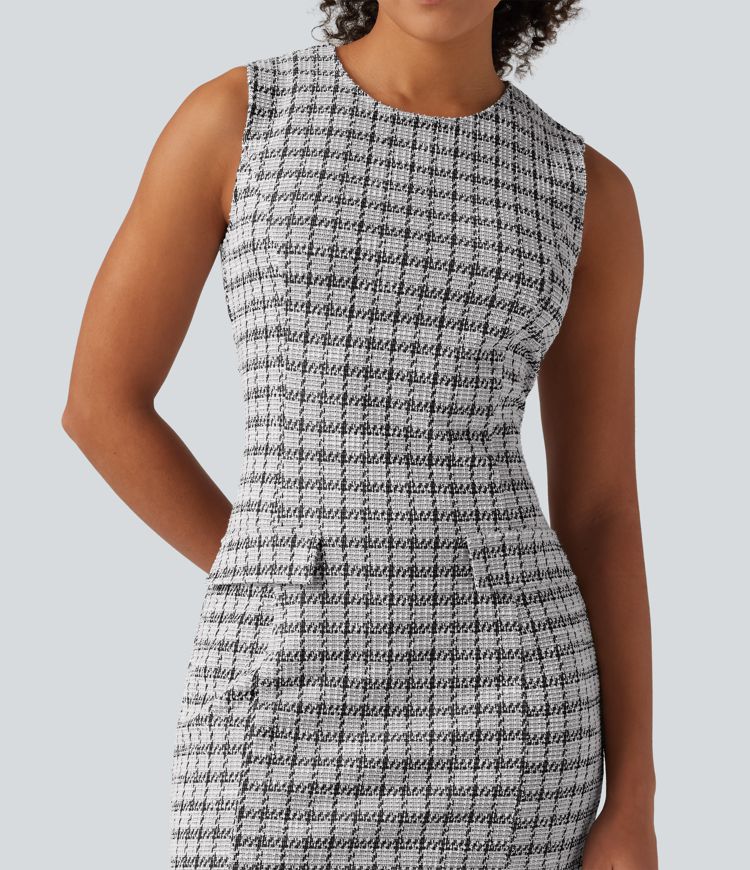 Round Neck Sleeveless Plaid Work Mini Dress