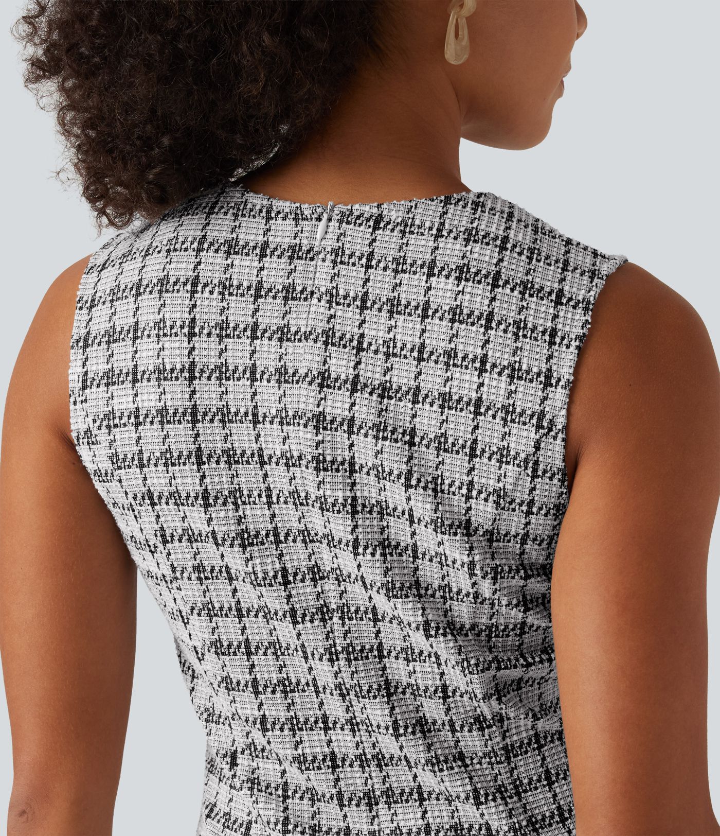Round Neck Sleeveless Plaid Work Mini Dress